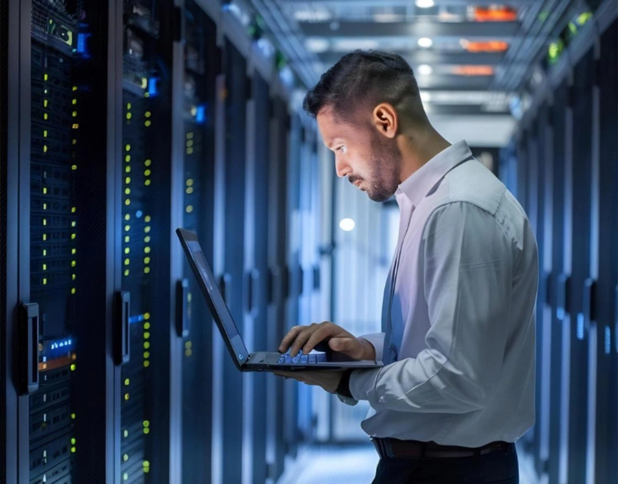 IT Technician Works on Laptop next to a Server Cabinet in Data Center room